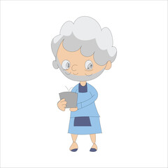 Elderly woman standing and reading a book or document attentively