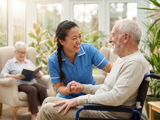 Friendly nurse laughing with a senior resident in a wheelchair at the care home.