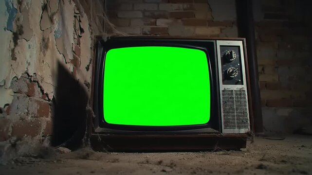 Old TV with green screen in a dark room.