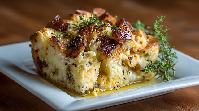 Delicious square portion of savory bread pudding or strata with golden brown crust and herbs, served on a white plate