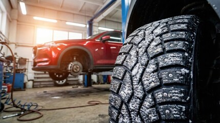 Seasonal winter tire change at a professional auto repair shop.