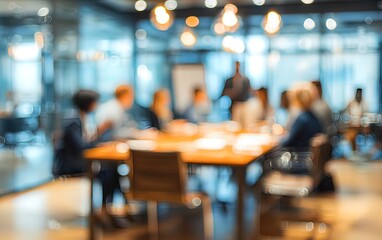 Blur office meeting blurred background with business people working group in boardroom discussion for teamwork brainstorming, executive seminar or professional training in small startup enterprise