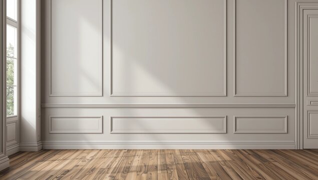 Luxury empty room with wall cornice and wood floor. 3d rendering