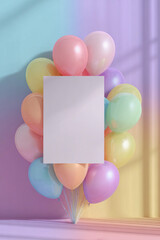 Colorful balloons surround a blank poster in a festive setting