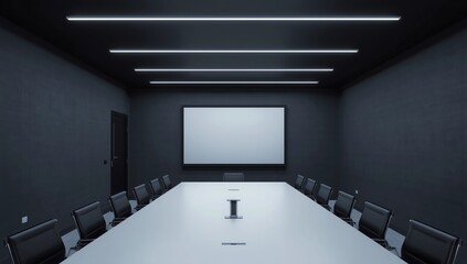 meeting room with a dark ceiling, linear lights, and a centered white projection screen on a deep gray wall