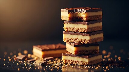 Delicious stack of caramel and chocolate bars with a bite taken out, set against a dark, blurred background