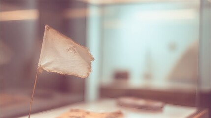 pennant. Tattered historical flag with burnt edges in a museum showcase. event programs, museum guides, designed for cultural heritage projects and event programs, preserves heritage.
