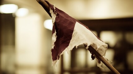 pennant. Tattered historical flag with burnt edges in a museum showcase. event programs, museum guides, designed for cultural heritage projects and event programs, preserves heritage.