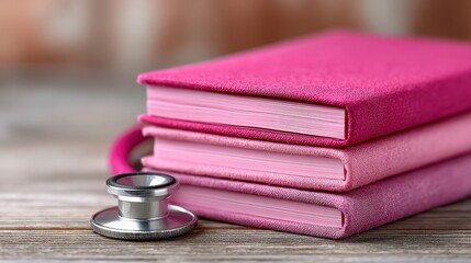 Pink educational brochures stacked neatly, stethoscope