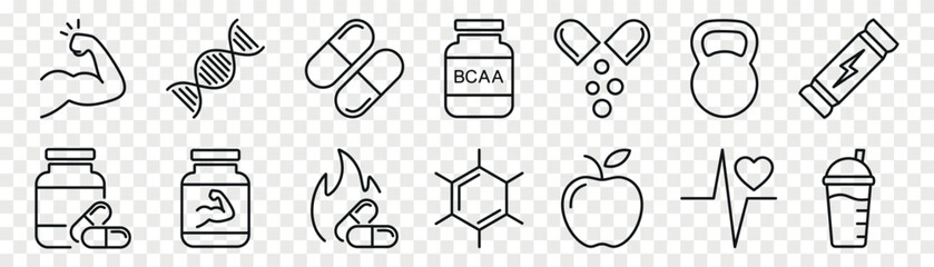 Sport supplements and fitness nutrition outline icon set