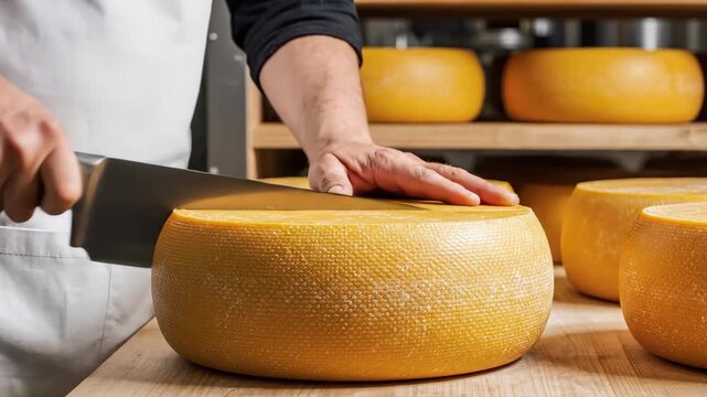 Man slicing goat cheese after grazing goats in the field for Swiss Cheese Day celebration