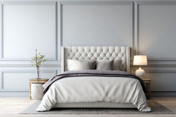 Fototapeta premium Elegant bedroom interior features a tufted headboard and white bedding.
