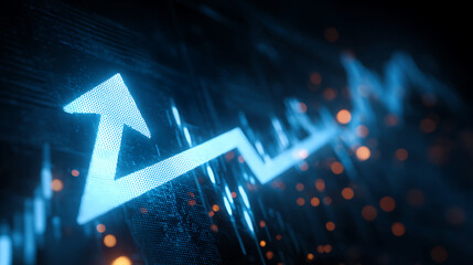 Abstract blue arrow pointing upwards against a dark background with orange bokeh lights, symbolizing financial growth and technology trends