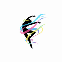 Obraz premium Black silhouette of a dancer surrounded by colorful flowing ribbons against white