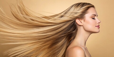 a stunning portrait capturing a woman with long flowing blonde hair dramatically blown back by an unseen force radiating beauty and grace high quality professional detailed