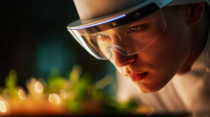 Focused chef wearing futuristic visor inspecting illuminated dish ingredients with precision highlighting
