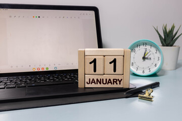 January 11 calendar date text on wooden blocks with blurred background park.