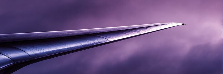 Sleek futuristic aircraft wing tip against a moody purple and blue sky, representing advanced aviation technology and modern travel.