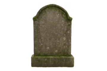 Old mossy gravestone standing vertically, symbolizing death, remembrance, and the passage of time on a transparent background