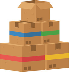 Isolated stack of cardboard boxes with colorful identification tape.