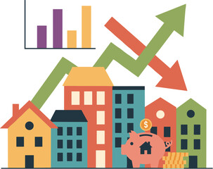 Real Estate Market Trends with Houses and Financial Graphs.