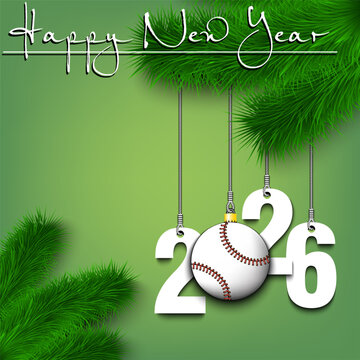 Happy New Year. Numbers 2026 and baseball ball as a Christmas decorations hanging on a Christmas tree branch. Design pattern for greeting card, banner, poster, flyer, invitation. Vector illustration
