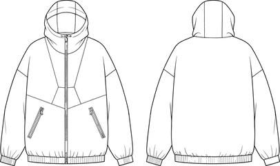 Oversized hooded windbreaker jacket technical fashion flat vector illustration CAD drawing contrast paneling zipper pockets elasticated cuffs and hem apparel. © MstShahanaz