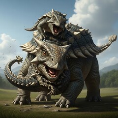 Mother and baby armored dinosaurs in a prehistoric landscape.