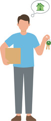 Illustration of a man holding a box and keys thinking about his new house.