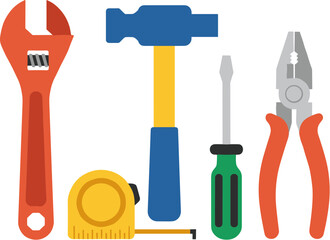 Colorful vector set of essential hand tools for construction and repair.