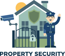 Property security concept with a guard surveillance camera and gated house illustration.
