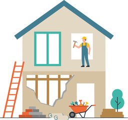 Flat vector illustration of a house under renovation with a construction worker.