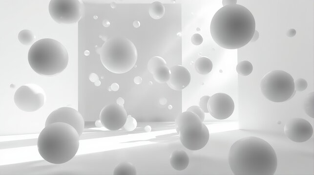 Cloud Dancer 2026 abstract white spheres floating in minimalist architectural space. Modern 3D geometric background for business technology innovation presentations corporate design concepts