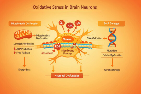 Oxidative stress in brain neurons leads to mitochondrial dysfunction and DNA damage, causing neuronal dysfunction and energy loss