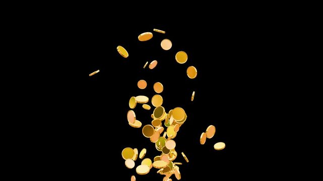 3D Gold Coin Explosion Effect Animation. Golden Coins Burst Particle Blast 3D. Gold Coin Explosion and Flying Coins Animation