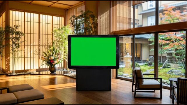 Green Screen TV Mockup in Elegant Japanese Zen Garden Room | Digital Display Background