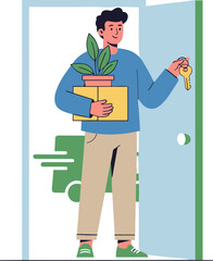 Happy young man holding a box with a plant and keys moving into a new apartment.