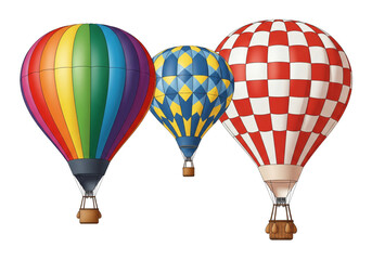 Obraz premium Three hot air balloons with different patterns rainbow, blueyellow diamond, and redwhite checkered on transparent background