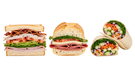 Assortment of deli sandwiches, sub roll, and vegetable wraps isolated on transparent background on transparent background