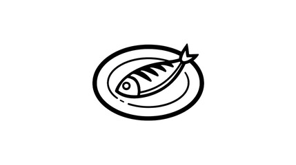 Outline illustration of a fish dish on a plate with transparent background