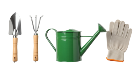 Gardening tools set trowel, cultivator, green watering can, and work glove isolated on transparent background on transparent background