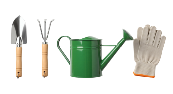 Gardening tools set trowel, cultivator, green watering can, and work glove isolated on transparent background on transparent background - Powered by Adobe