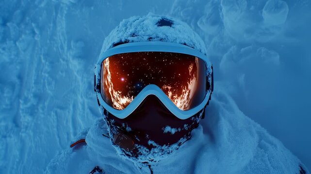 A Striking Visual of a Skier in Snow Goggles, Reflecting a Celestial View
