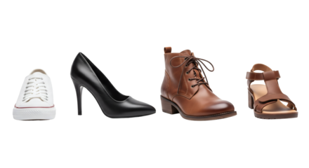 Collection of four different types of womens footwear isolated on transparent background on transparent background
