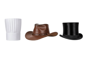 Chef hat, cowboy hat, and top hat collection isolated on transparent background on transparent background
