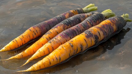 Four vibrant orange and purple carrots resting on a dark surface