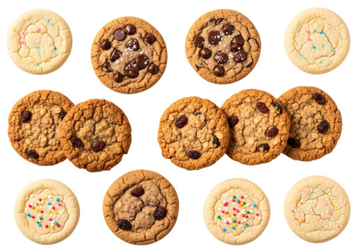 Assortment of chocolate chip and sugar cookies on a transparent background on transparent background