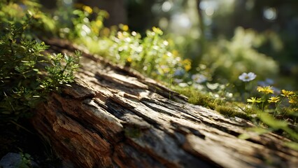 Fototapeta premium Photorealistic Tiny Cliff-micro cliff landscape on a fallen log, soft sunlight, shallow depth of field, nature documentary realism.