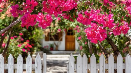 Vibrant pink flowering branches arch over a weathered white picket fence leading toward a home entrance.