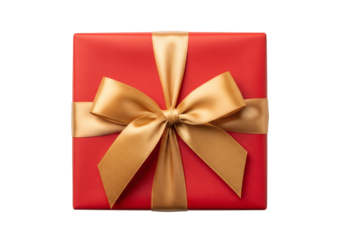 Red gift box with gold ribbon and bow, isolated on transparent background on transparent background